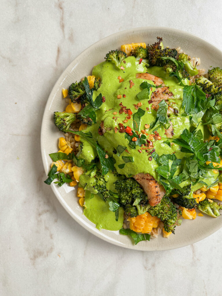 Chicken salad with creamy greens dressing