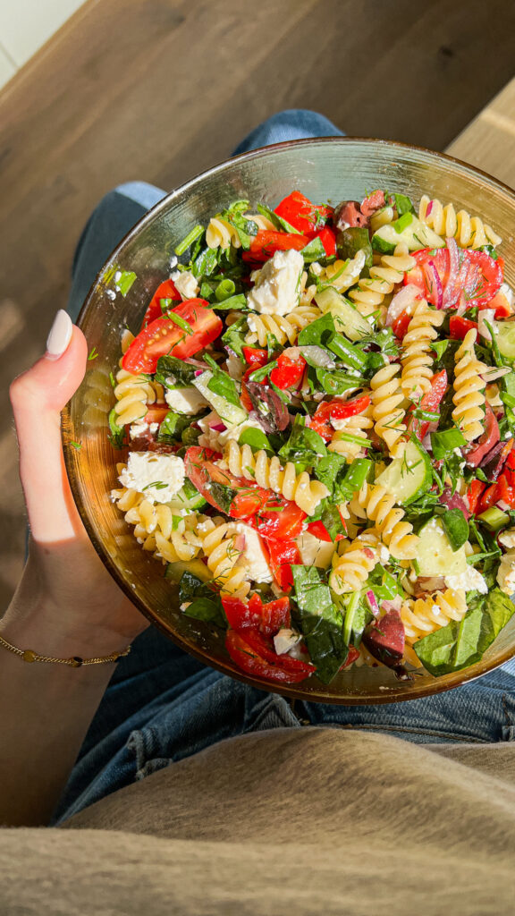 Mediterranean pasta and vegetable salad with feta